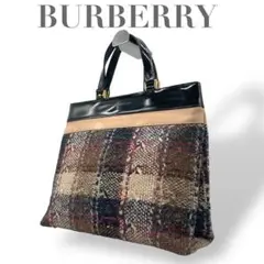 希少 BURBERRY バーバリー☆チェック ツイード レザー ハンドルバッグ