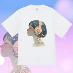 花びら舞う ヘッドフォンガール アート ホワイトTシャツ Lサイズ