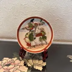 武将と馬の絵皿 アンティーク 飾り皿 11cm 台付