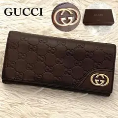 極美品★グッチ 長財布 インターロッキング シマ GG レザー ダークブラウン