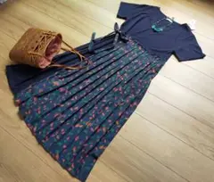 新品★graniph グラニフ★花柄プリントプリーツネイビーワンピース M