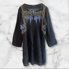 新品タグ付きチュニックワンピース透け感黒ブラック刺繍エスニックレトロポップ