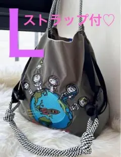 ストラップ付き　刺繍　エコバッグ　グレー　Ｌ　スヌーピー