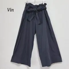 【Vin】ワイドパンツ　M　薄手　リボン　ネイビー　さらり生地感
