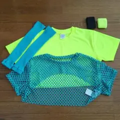 蛍光黄色 Tシャツ メッシュトップス リストバンド&青アームウォーマー付き