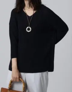 UNTITLED 【洗える】七分袖ペーパー混サイドボタンニット2024SS 紺色