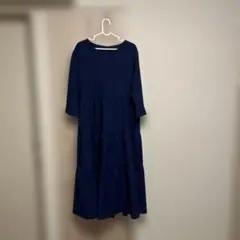 ネイビー 七分袖ティアードワンピース