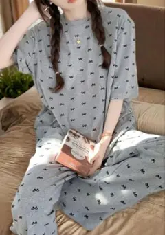 リボン柄コットン混紡パジャマセット