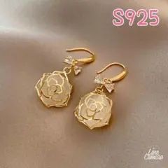 ◆新品◆S925☆豪華☆揺れ☆上品なバラ&CZダイヤリボンピアス☆ゴールド