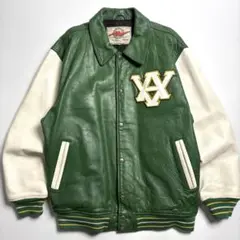 【羊革】AVIREX レザージャケット 緑 x アイボリー スタジャン 3XL