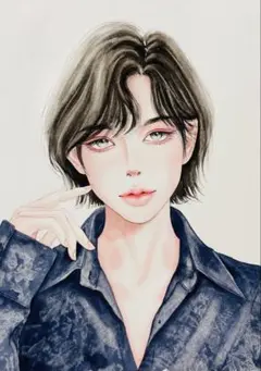 手描きイラスト　水彩原画　シャツを着ている男の子291