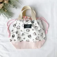 持ち手付きお弁当袋　ランチバッグ　ねこ花柄×ピンク