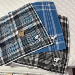 西川　SNOOPY タオルハンカチ　3枚　青系　チェック