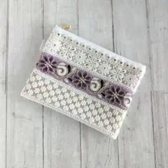 インド刺繍リボン ◎フェイクレザー◎フラットポーチ