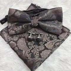【新品】蝶ネクタイ ３点セット カフスボタン ポケットチーフ 結婚式 ブラウン