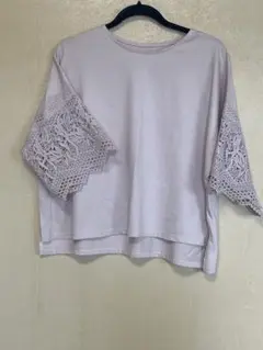 【未着用】薄紫 レース 五分袖 Tシャツ M