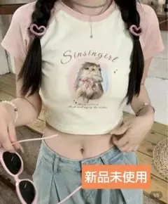 【新品未使用】Sinsingirl 猫プリント 半袖Tシャツ クロップド M