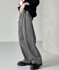 【Alfred Alex】タックワイドハイウエストデニムパンツ