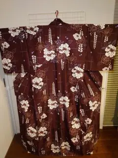 美品　洗える着物　小紋　袷　花柄　葉柄