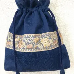 シンプル巾着ポシェット❣️厚地コットンピケにチューリップの地模様❣️肩かけ紐付き