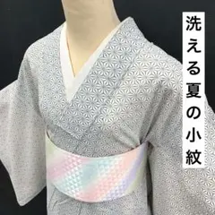 ◯【売切値下げ】507mku22◯洗える夏の着物！絽 小紋 麻の葉 白系◯美品