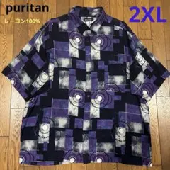 puritan メンズ半袖レーヨン100%総柄シャツ／2XL／黒、紫