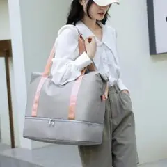 新品●トートバッグ ジム 旅行 買物＜グレー＞シューズ収納 大容量 35L 灰色