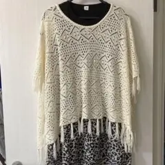 アイボリー レース編み ヒョウ柄 チュニック