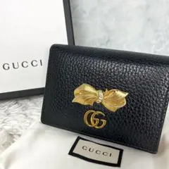 【極美品】グッチ 折り財布 GG マーモント ボウ リボン ビジュー 黒 レザー