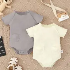 アンバーミミ　ambermimi ワッフル　ロンパース　2枚　グレー　イエロー