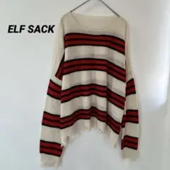 エルフサック　アイボリー×赤　ストライプ　長袖　ニット　大きめ　XL