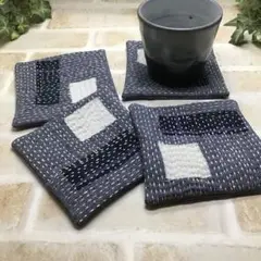 【送料込】刺し子　コースター4枚セット　ハンドメイド　カフェ風　青系19