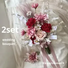 ウェディングブーケとブートニアのセット♡赤ローズブーケ♡ダリアブーケ♡前撮り