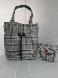 ハンドメイド チェック柄トートバッグと小物入れセット
