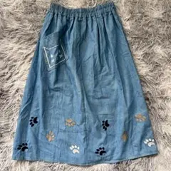 【美品✨】猫ポケット付きデニムフレアスカート 犬 肉球刺繍 ウエストゴム
