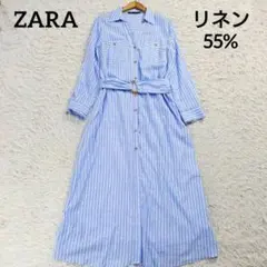 ZARA　ザラ　リネンブレンドロングシャツワンピース　ベルト　麻　ストライプ