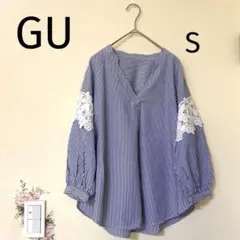GU ストライプ Vネック 七分袖ブラウス シャツ　レース　刺繍