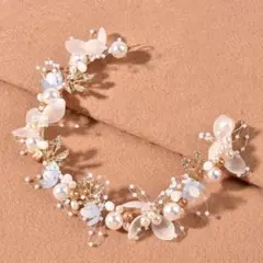 水色 ヘッドドレス ロング カチューシャ パール ウエディング 成人式 卒様式