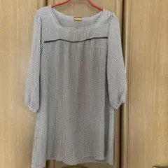 ブラウン・ホワイトチェック 7分丈袖チュニック　シフォン