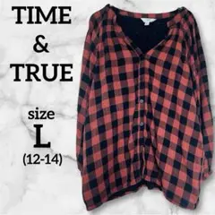 【美品】TIME & TRUE 赤黒チェック 長袖シャツ 160cmL12-14