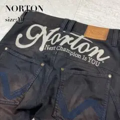 【Norton】ロゴ刺繍 デニムパンツ バイカー ストレート 革パッチ M