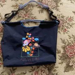 花柄刺繍 ブラック エコバッグショルダー付き