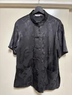 麗龍　チャイナ服　チャイナシャツ　黒いドラゴン柄半袖チャイニーズシャツ M