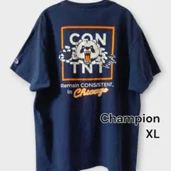 Champion クマグラフィックTシャツ／XL／ネイビー／ロゴ入り／古着