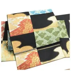 美品　正絹　袋帯　市松　和紋　黒　二部式　二重太鼓　作り帯