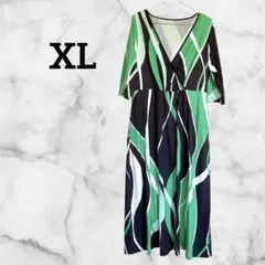 【XL】ストライプ Vネック ロングワンピース ワンピース グリーン