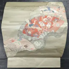 5426 未使用に近い 【プラチナ箔】【二重織】【名古屋帯】 花扇に丹頂