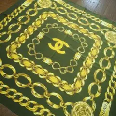 87A 美品 CHANEL シャネル スカーフ シルク100% ゴールドチェーン