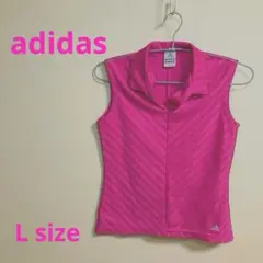 【adidas】ピンク ノースリーブ ゴルフシャツ L 吸汗速乾 ストライプ