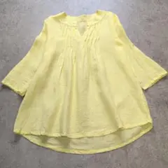 【USED】麻100%　イエロー　チュニック　ロールアップスリーブ　M~Lサイズ
